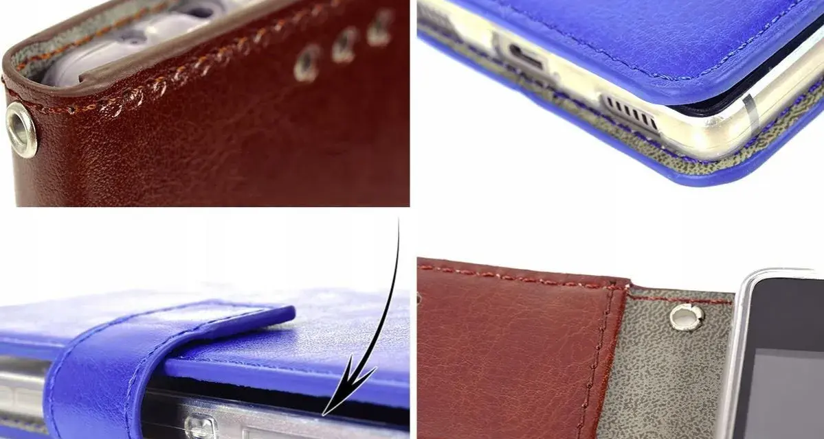 Eleganckie etui na telefon LG K51S z klapką, wykonane z brązowej i niebieskiej skóry ekologicznej.