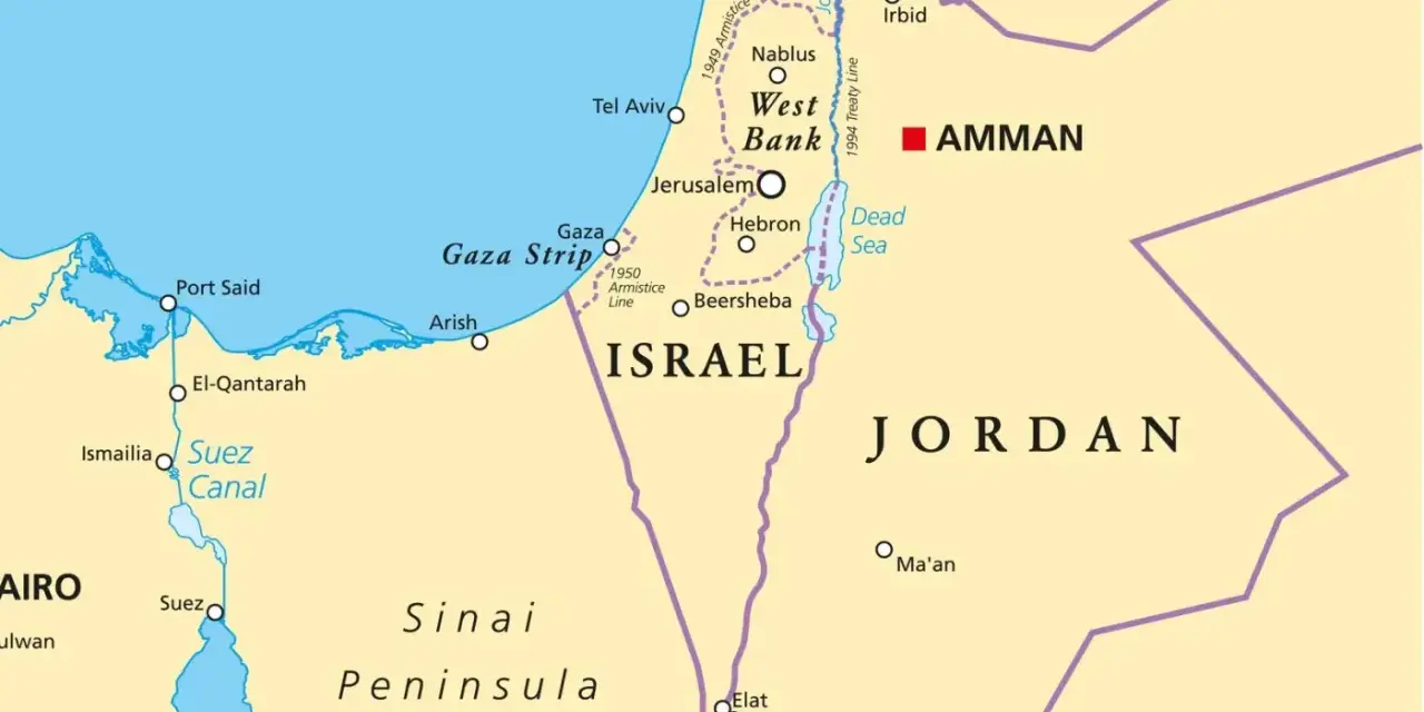 Mapa Izraela, Jordanii i części Egiptu. Czy wyjazd do Ziemi Świętej jest bezpieczny? Mapa pokazuje Strefę Gazy, Zachodni Brzeg, Kanał Sueski.