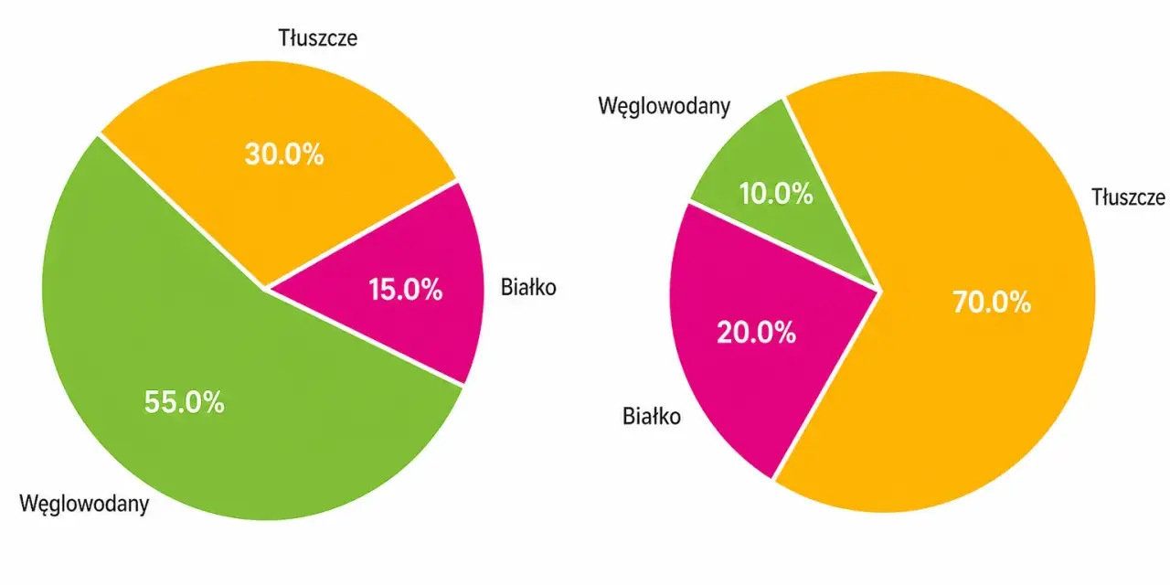 Porównanie diety standardowej (55% węglowodanów) i keto (70% tłuszczu). Czy dieta keto jest zdrowa? Wykresy pokazują różnice w proporcjach makroskładników.