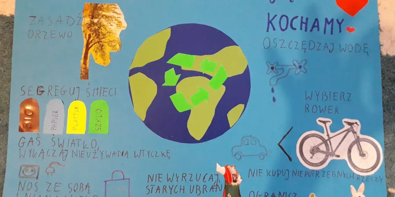 Plakat "Jak chronić środowisko" pokazuje, jak dbać o planetę: segreguj śmieci, oszczędzaj wodę, wybieraj rower.
