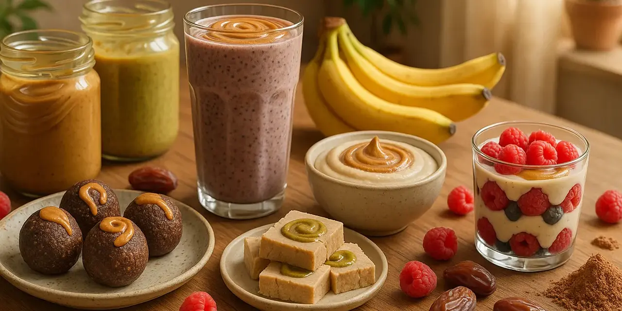 Zdrowe słodkości: batony, smoothie, deser z malinami i borówkami. Idealne, by czym słodzić deser zamiast cukru, używając daktyli i masła orzechowego.