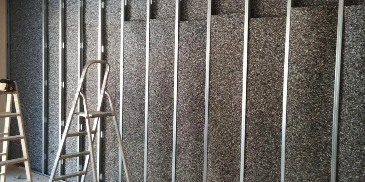 Instalación de material para insonorizar pared. Escaleras apoyadas contra la estructura metálica y el panel aislante.