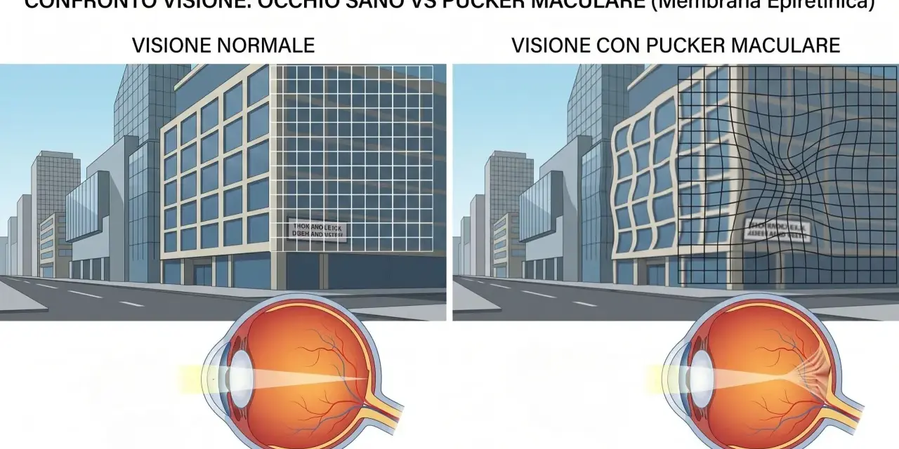 Confronto tra visione normale e pucker maculare, con illustrazioni di edifici e occhi. La terapia farmacologica è una delle opzioni.