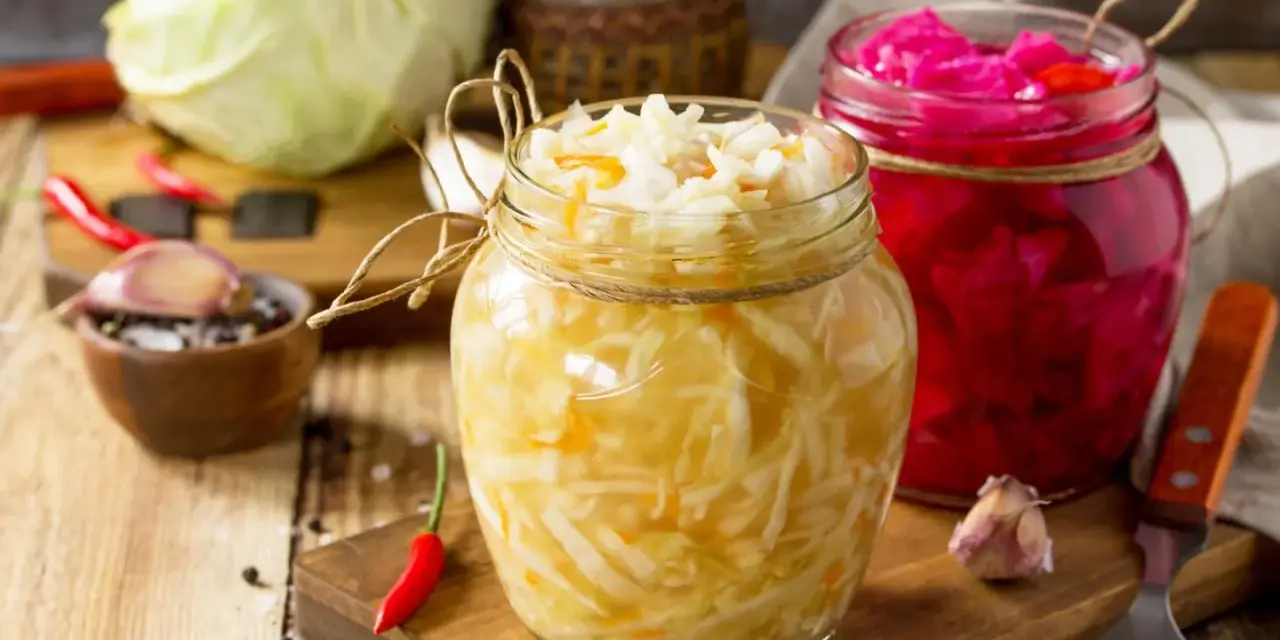 Frisch fermentiertes Sauerkraut im Glas, bereit für ein leckeres Sauerkraut Rezept. Daneben ein Glas mit Rotkohl.