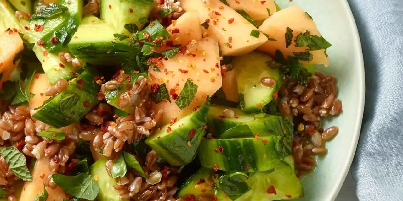 Erfrischender melonen gurken-salat mit Getreide, Minze und Chili. Ein Rezept von Martina und Moritz für den Sommer.