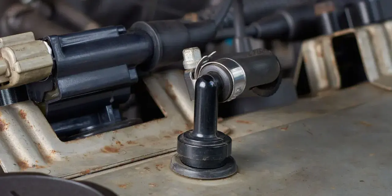 A black rubber PCV valve hose connected to a metal engine component. This part can cause bad PCV valve symptoms if it fails.