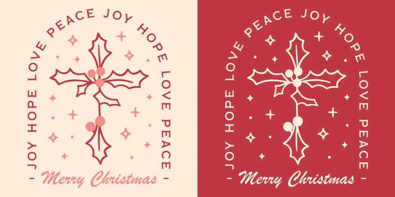 Zwei Weihnachtsgrafiken mit Mistelzweigen, Sternen und den Worten "Joy Hope Love Peace" sowie "Merry Christmas".