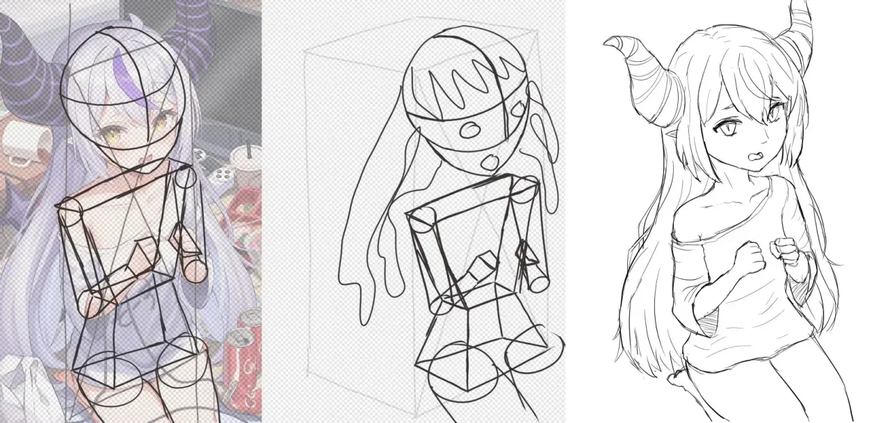 Tre steg för att rita en anime-karaktär med horn. Skiss, skelett och färdig teckning. Bra bilder att rita för övning.