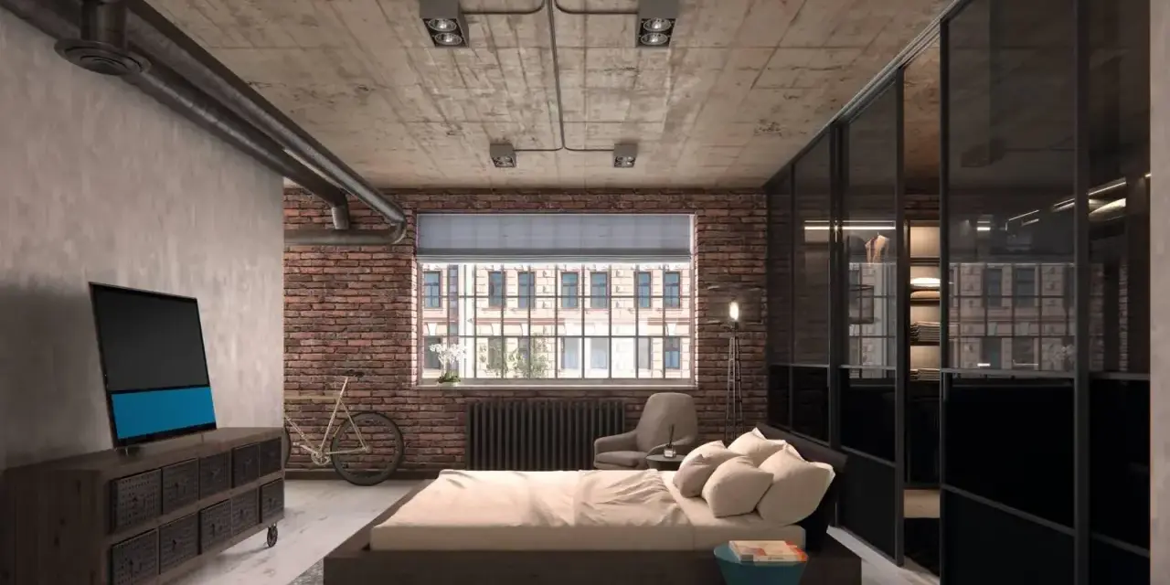 Camera da letto in stile industrial chic con pareti in mattoni, soffitto in cemento a vista e armadio con ante in vetro.
