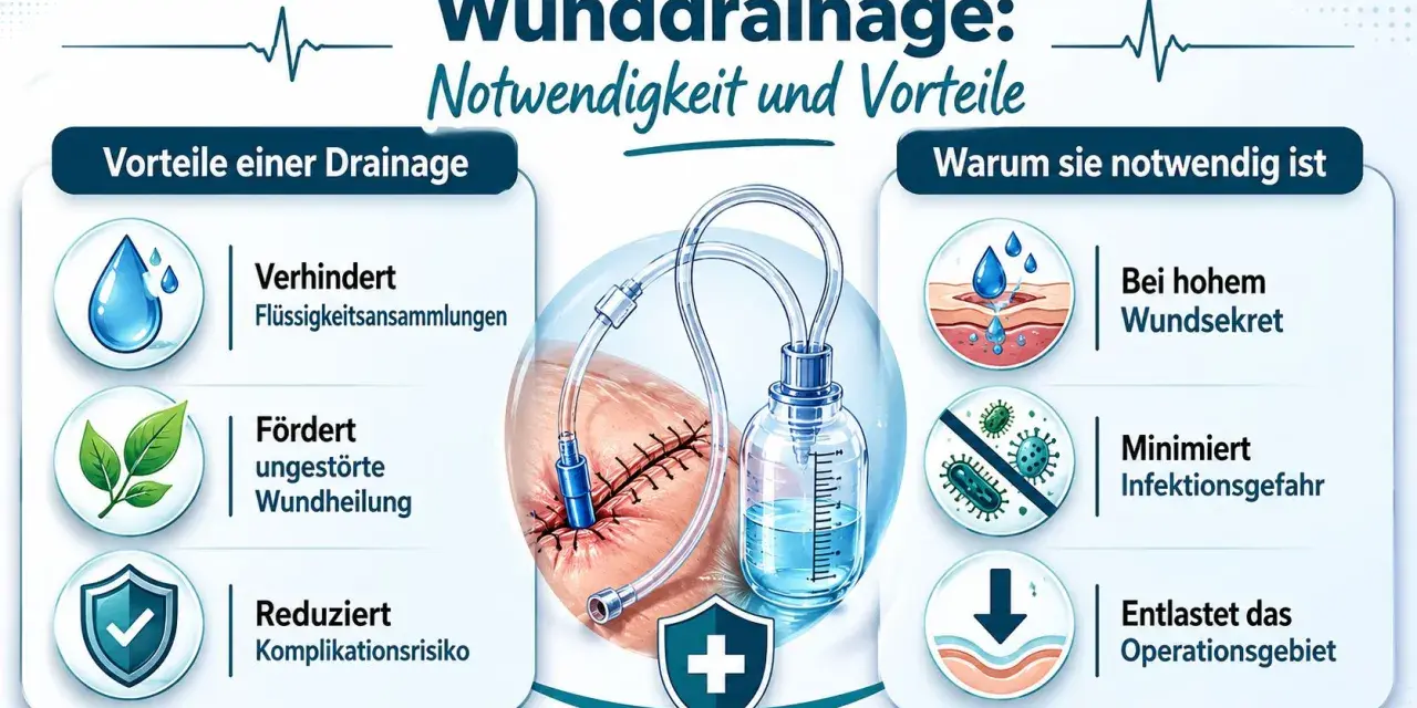 Medizinische Wunddrainage: Vorteile wie Verhinderung von Flüssigkeitsansammlungen, Förderung der Heilung und Reduzierung von Komplikationen. Sie ist bei hohem Wundsekret, zur Minimierung von Infektionen und zur Entlastung des Operationsgebiets notwendig.