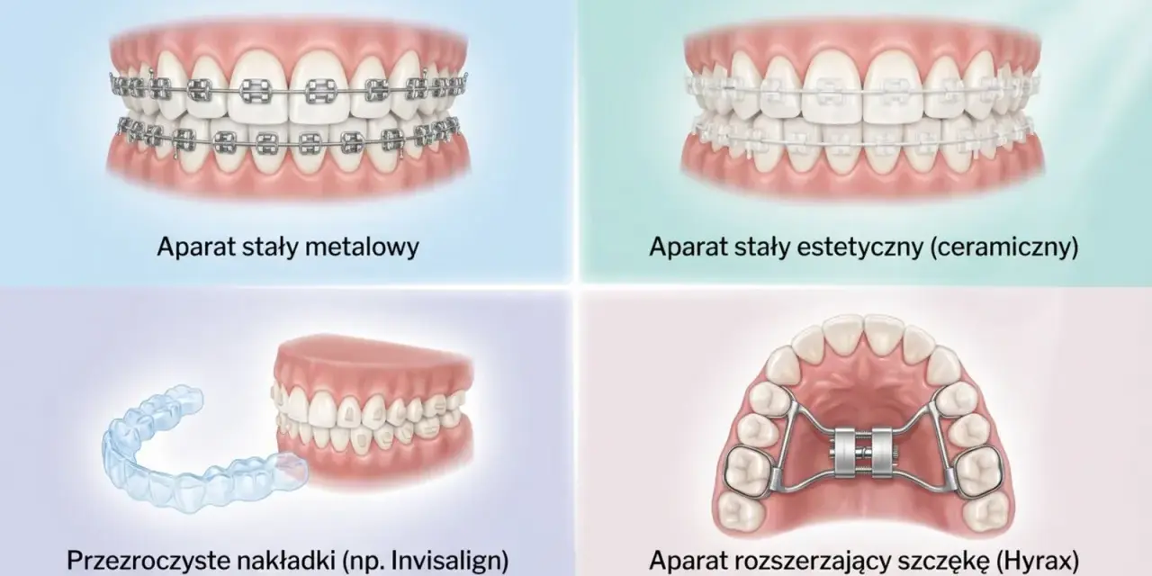Korekcja zgryzu krzyżowego: aparaty metalowe, estetyczne, nakładki Invisalign i aparat Hyrax do rozszerzania szczęki.