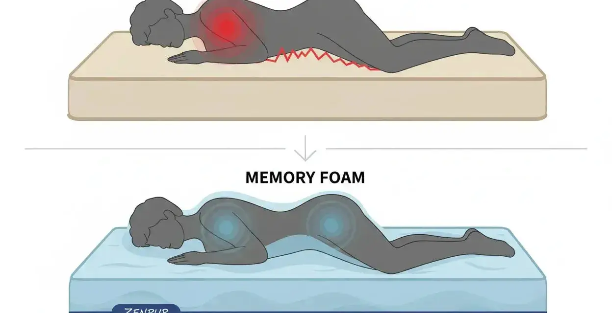 Comparaison de matelas : un matelas dur cause des douleurs (rouge) tandis qu'un matelas en mousse à mémoire de forme offre un soutien optimal (bleu), évitant les mauvais matelas symptômes.