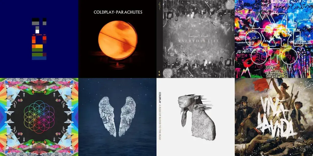 Collage des pochettes des albums de Coldplay : Parachutes, Everyday Life, Mylo Xyloto, A Rush of Blood to the Head, Ghost Stories, Music of the Spheres, Viva la Vida.