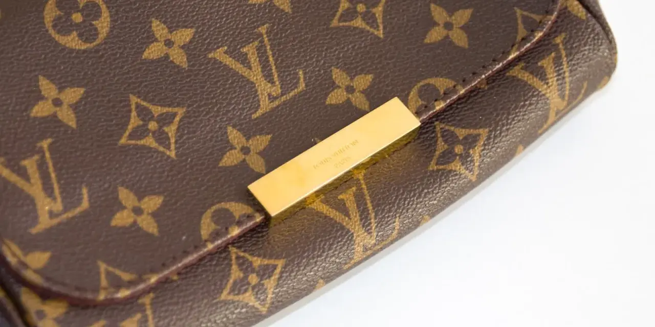 Zbliżenie na brązową torebkę Louis Vuitton z monogramem i złotym zapięciem.