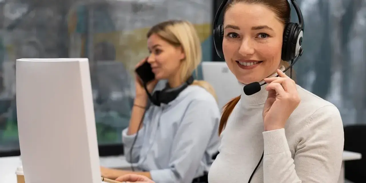 Uśmiechnięta key account manager w słuchawkach z mikrofonem pracuje przy komputerze. W tle koleżanka rozmawia przez telefon.
