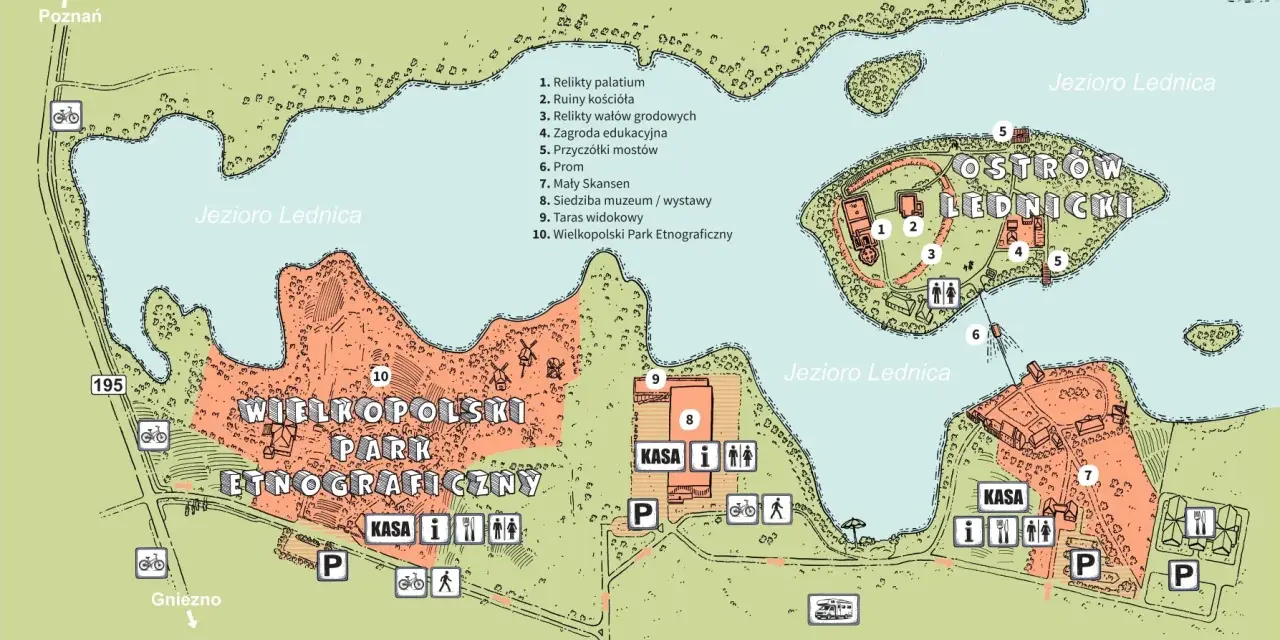 Mapa Muzeum Pierwszych Piastów na Ostrowie Lednickim. Widoczne jezioro, grodzisko, skansen i ścieżki.