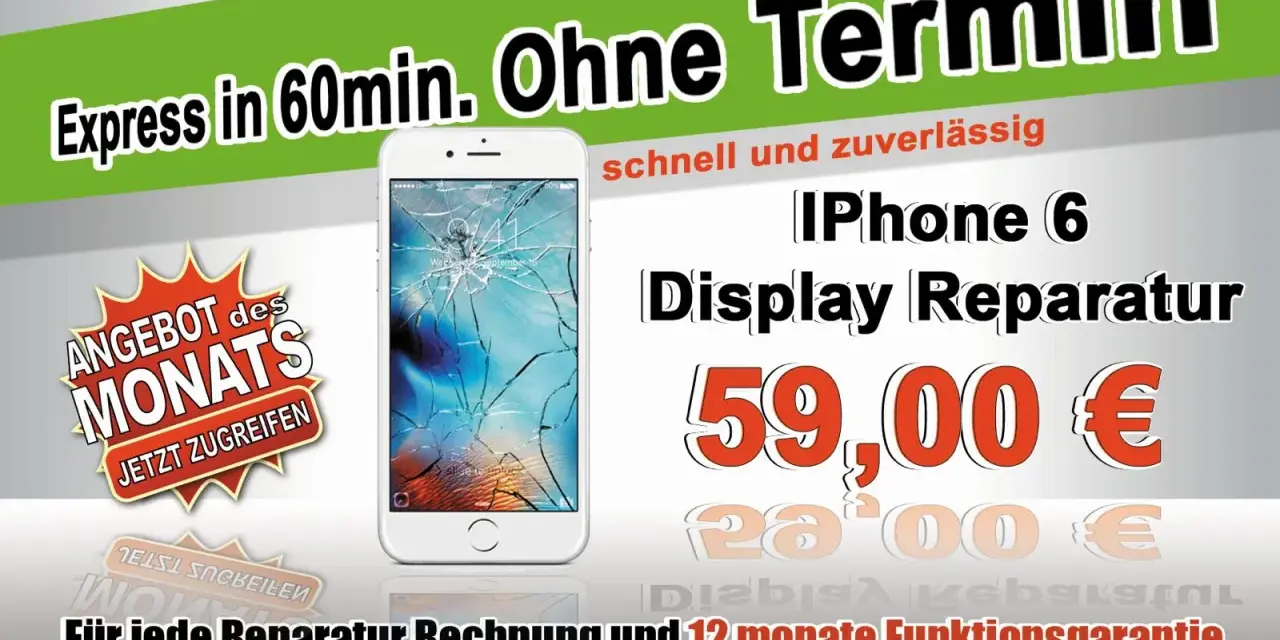 Ein weißes iPhone mit gesprungenem Display, daneben ein Angebot für iPhone 6 Display Reparatur für 59€.