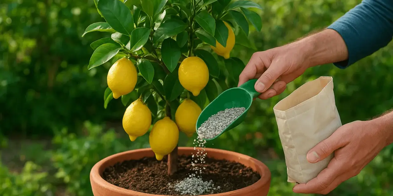 Mani che aggiungono fertilizzante a un limone in vaso. Il momento giusto per concimare il limone è fondamentale per frutti succosi.