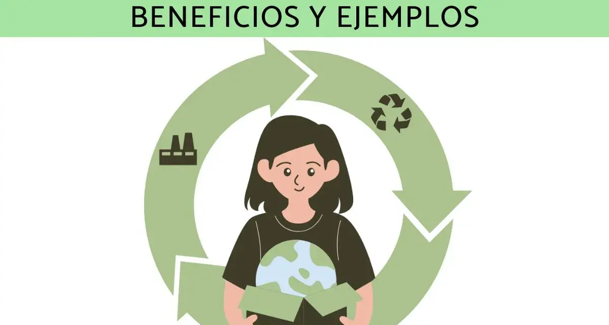 Ilustración de economía circular: una chica sostiene la Tierra en una caja, rodeada por un ciclo de flechas que representan la producción, el reciclaje y el consumo.