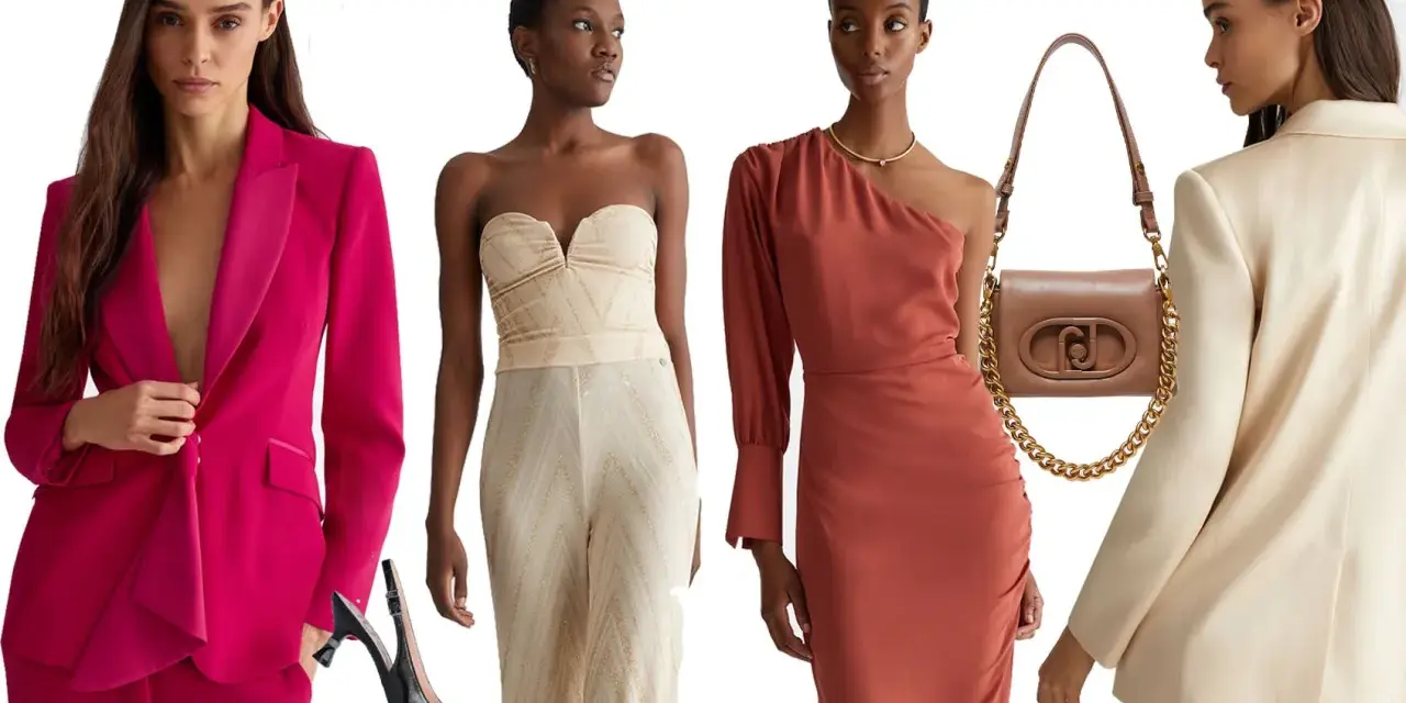 Idee eleganti per un battesimo: tailleur fucsia, jumpsuit dorata, abito monospalla e tailleur avorio.