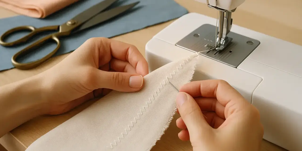 Manos cosiendo tela con puntada zigzag, aprendiendo trucos de costura a mano. Tijeras y telas a un lado.