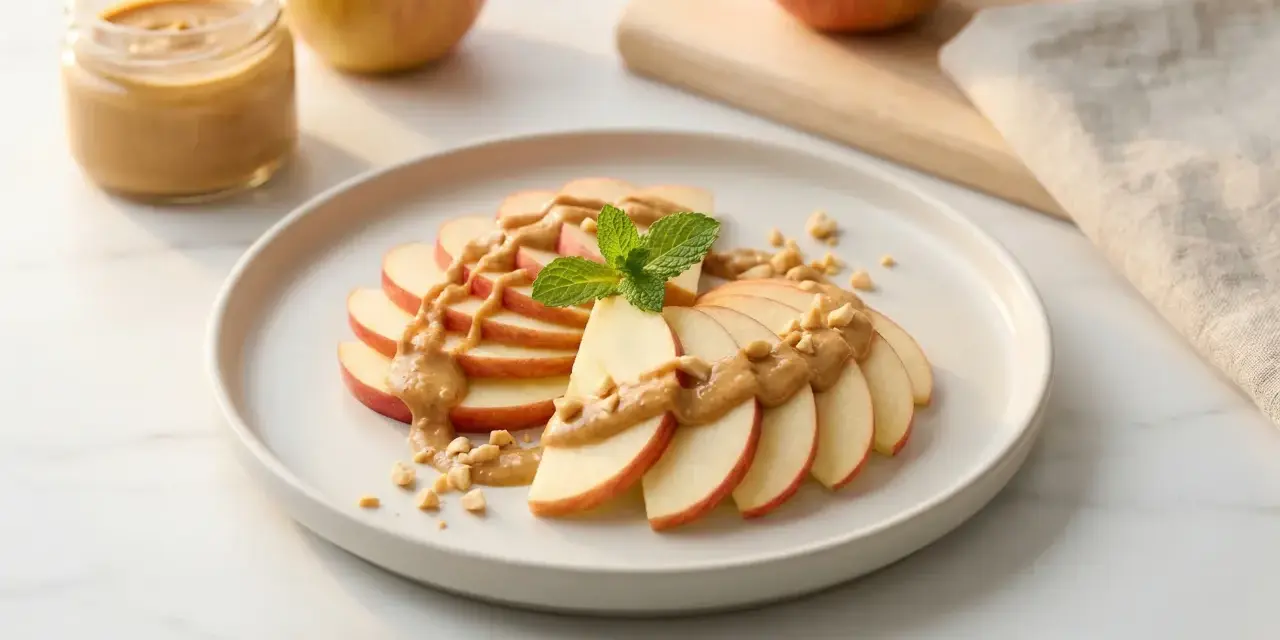 Ein gesunder Snack: Apfelscheiben mit cremiger Erdnussbutter und gehackten Nüssen, garniert mit Minze.