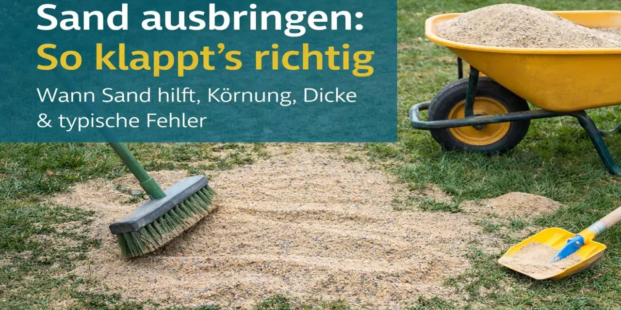 Sand gegen Moos im Rasen: Eine Schubkarre voller Sand, Besen und Schaufel liegen bereit.