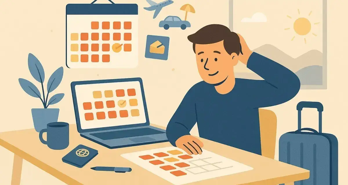Mężczyzna planuje podróż, zaznacza daty w kalendarzu na laptopie i papierze. Marzy o wolnym 2026 roku.