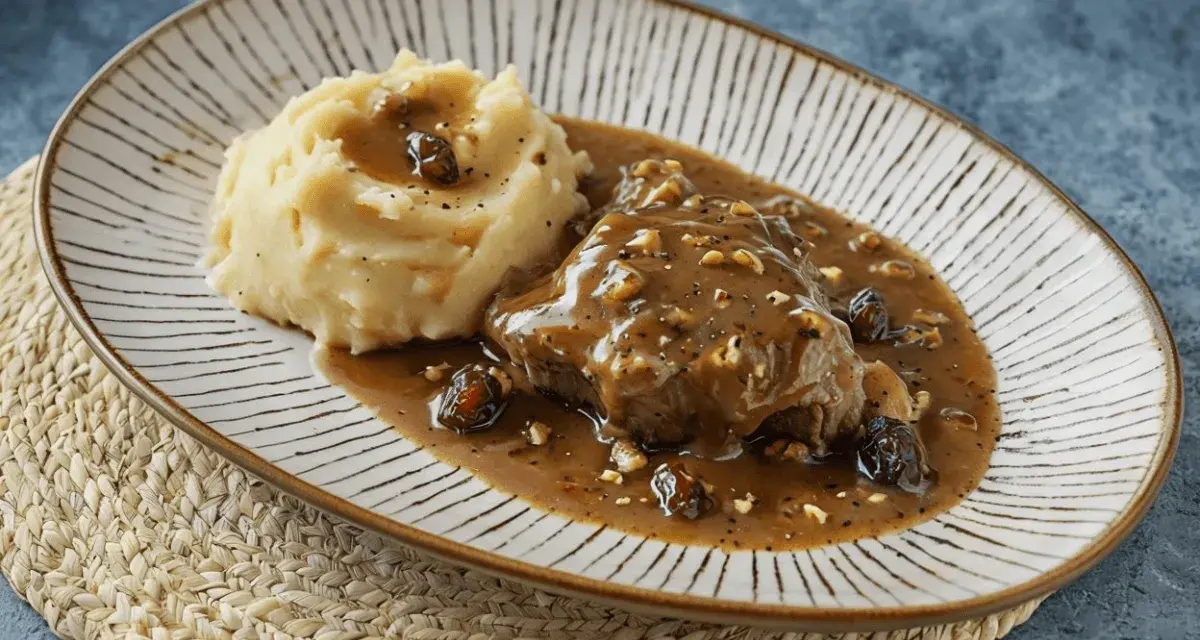 Carrilleras de ternera en salsa de vino tinto con puré de patatas.