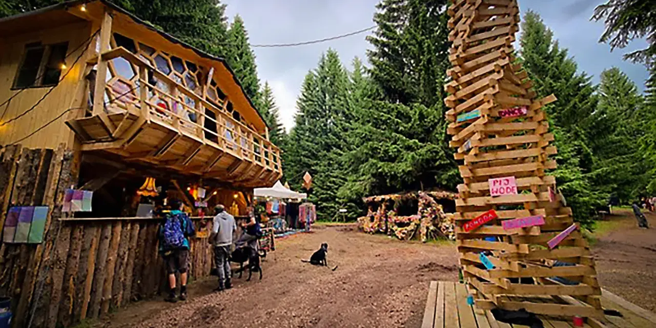 Drewniany domek na drzewie i spiralna rzeźba z desek na festiwalu Grasz Bór. Ludzie spacerują, psy odpoczywają.