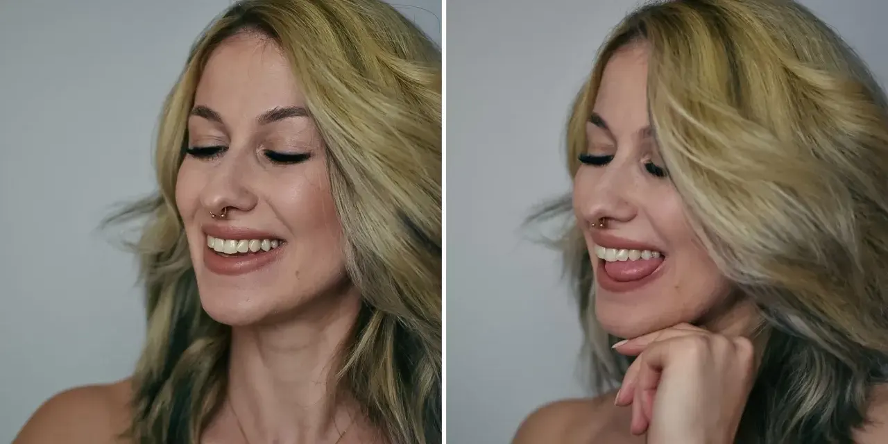 Uśmiechnięta kobieta z blond włosami i złotym kolczykiem w nosie (nasallang piercing). Na drugim zdjęciu pokazuje język.