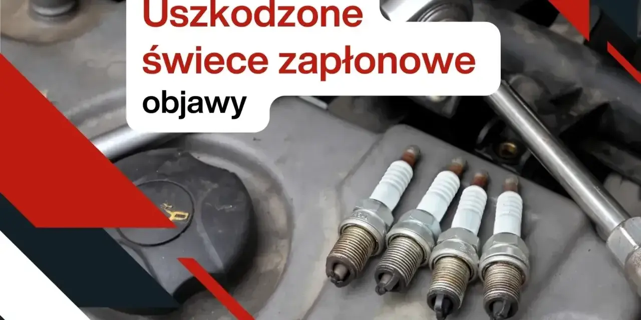 Cztery zużyte świece zapłonowe leżą na silniku. Tekst informuje o objawach uszkodzonej cewki zapłonowej.