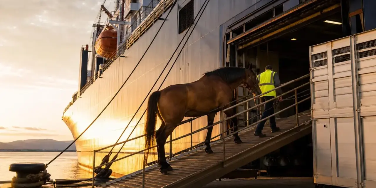 Un cheval brun monte une rampe vers un navire, guidé par un homme en gilet jaune. Le transport de chevaux se fait au coucher du soleil.