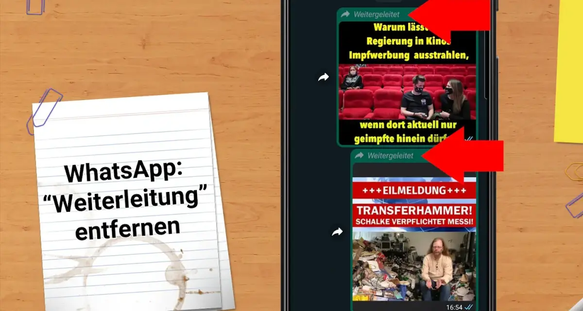 WhatsApp-Nachrichten mit roten Pfeilen, die auf "Weitergeleitet" zeigen.