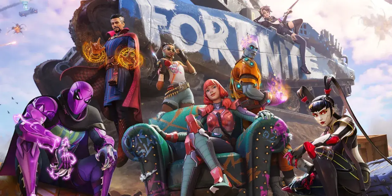 Postacie z gry Fortnite, w tym Doktor Strange i fioletowy Spider-Man, pozują na tle ogromnego napisu "FORTNITE".