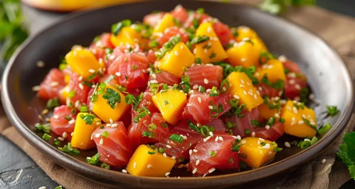 Un délicieux tartare de thon frais, coupé en dés et mélangé à des morceaux de mangue juteuse, garni de graines de sésame et de ciboule.