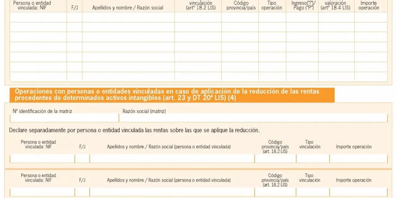 Formulario para declarar operaciones con personas o entidades vinculadas, incluyendo el modelo 232.
