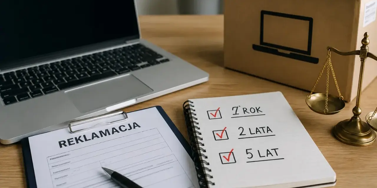 Na biurku leży dokument reklamacji, laptop, pudełko z symbolem komputera i waga szalkowa. Notatnik pokazuje zaznaczone terminy: 7 lat, 2 lata, 5 lat. Brak odpowiedzi na reklamację.