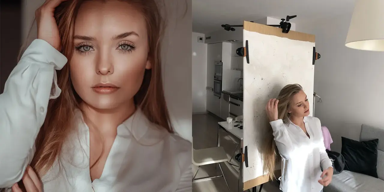 Jak zrobić tło do zdjęć? Modelka pozuje przy białym, teksturowanym tle, które można łatwo stworzyć w domu.
