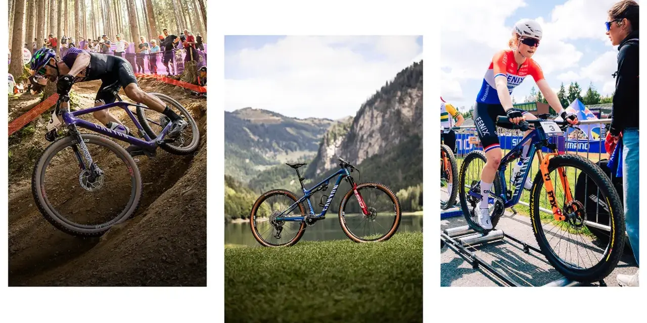 A cyclist navigates a steep trail on a purple downcountry bike. Another downcountry bike is pictured in a scenic mountain landscape. A female cyclist in racing gear prepares on a downcountry bike.