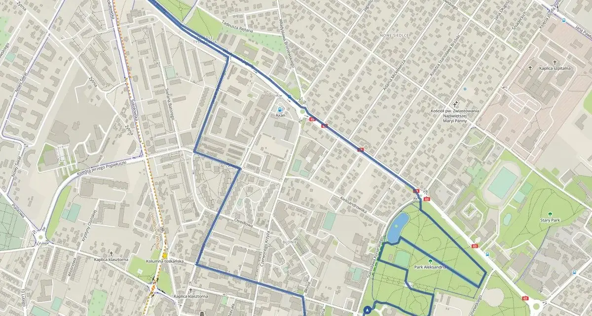 Mapa Siedlec z zaznaczoną trasą spaceru, obejmującą Park Aleksandria i zabytki, jak Katedra Niepokalanego Poczęcia NMP. To idealne miejsce na odkrywanie bohemia.