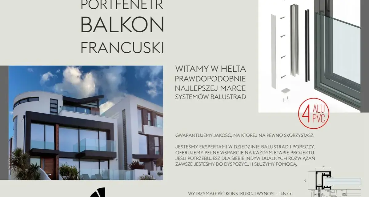 Nowoczesny portfenetr balkon francuski z balustradą szklaną na eleganckim budynku. Helta - eksperci od balustrad.