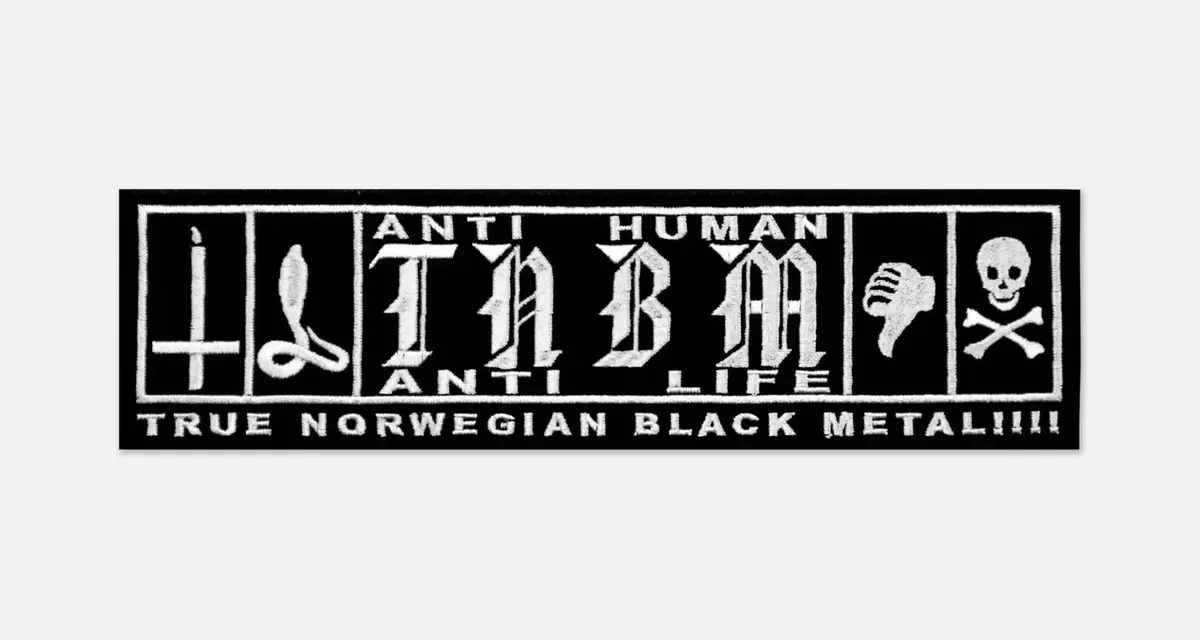Patch noir avec logo "TABM" et symboles, proclamant "TRUE NORWEGIAN BLACK METAL!!!!".