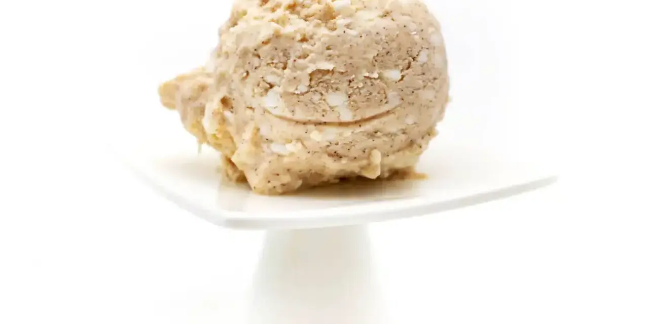 Eine Kugel Milchreis Eis auf einem weißen Teller. Cremig und mit Stückchen, ein Genuss!