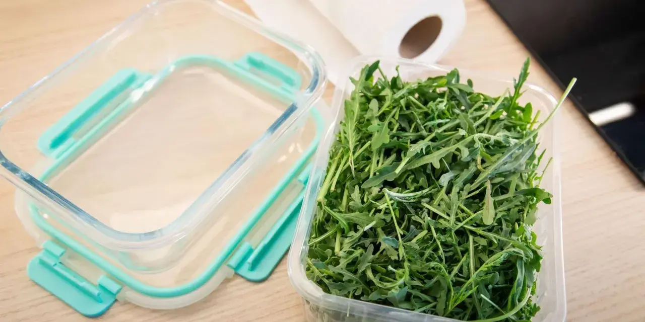 Frischer Rucola in einer Plastikschale neben einem leeren Glasbehälter. So gelingt das Rucola aufbewahren am besten.