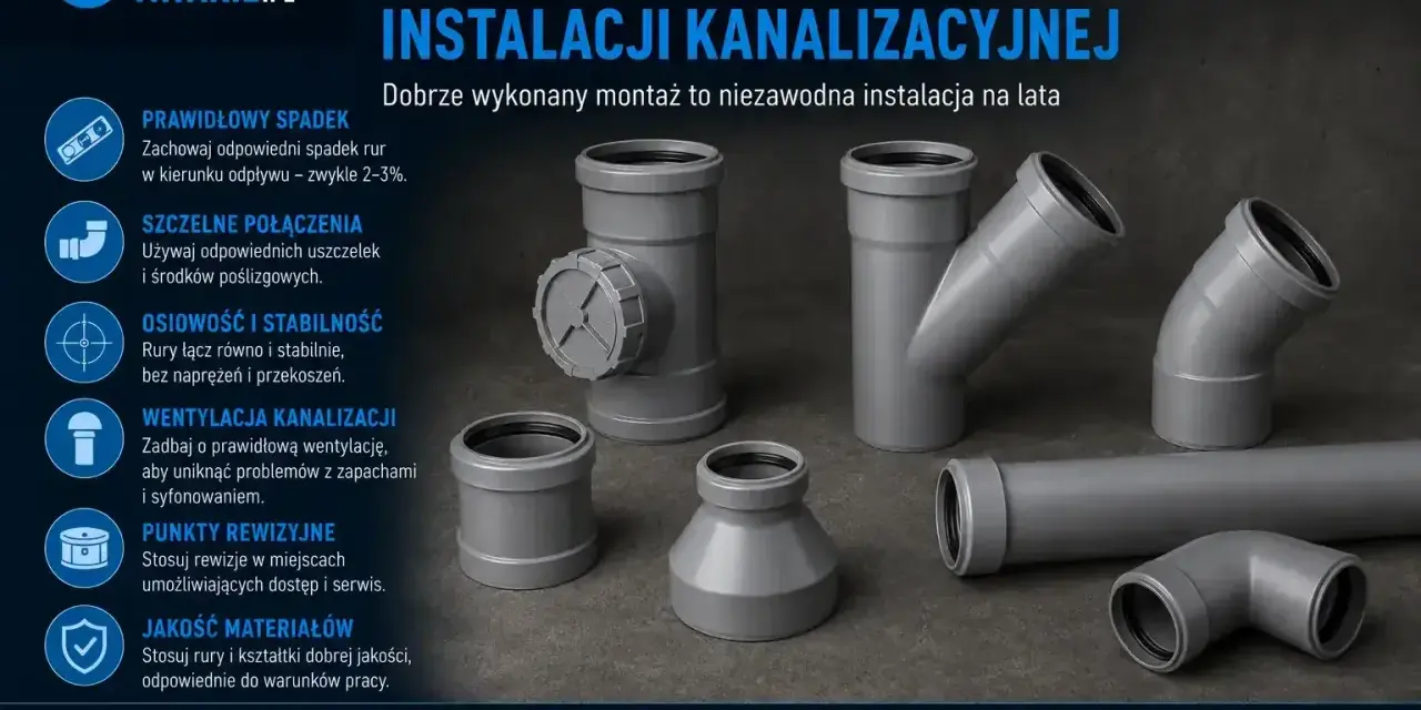 Szare **piony** i kształtki kanalizacyjne, obok zasad montażu instalacji.