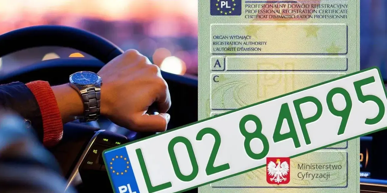 Ręka kierowcy z zegarkiem na nadgarstku, obok zielone tablice rejestracyjne w Polsce i dowód rejestracyjny.