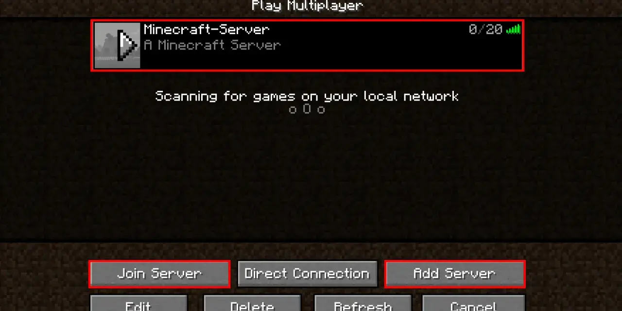 Pantalla de Minecraft para unirse a un servidor. Muestra "Minecraft-Server" y la opción "Add Server", útil para saber como hacer un servidor de Minecraft.