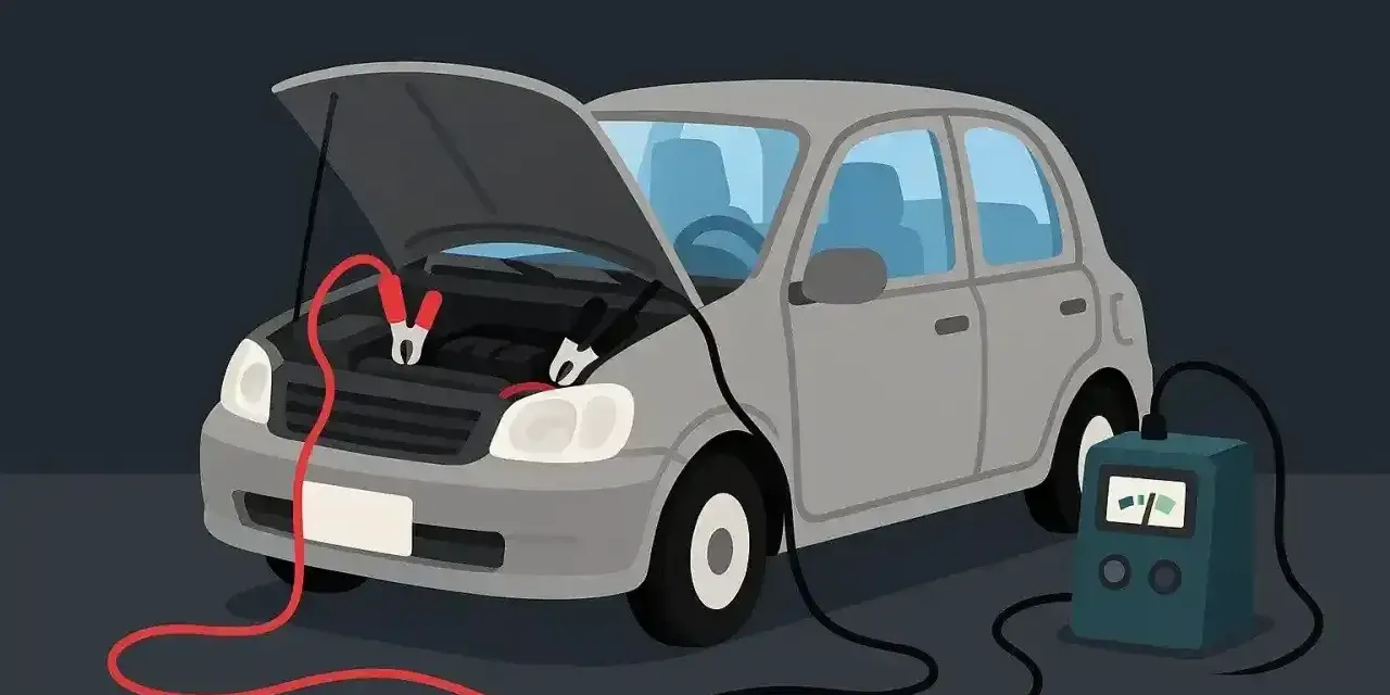 Ładowanie akumulatora w samochodzie bez zdejmowania klem jest możliwe. Widać to na ilustracji, gdzie kable rozruchowe są podłączone do silnika.