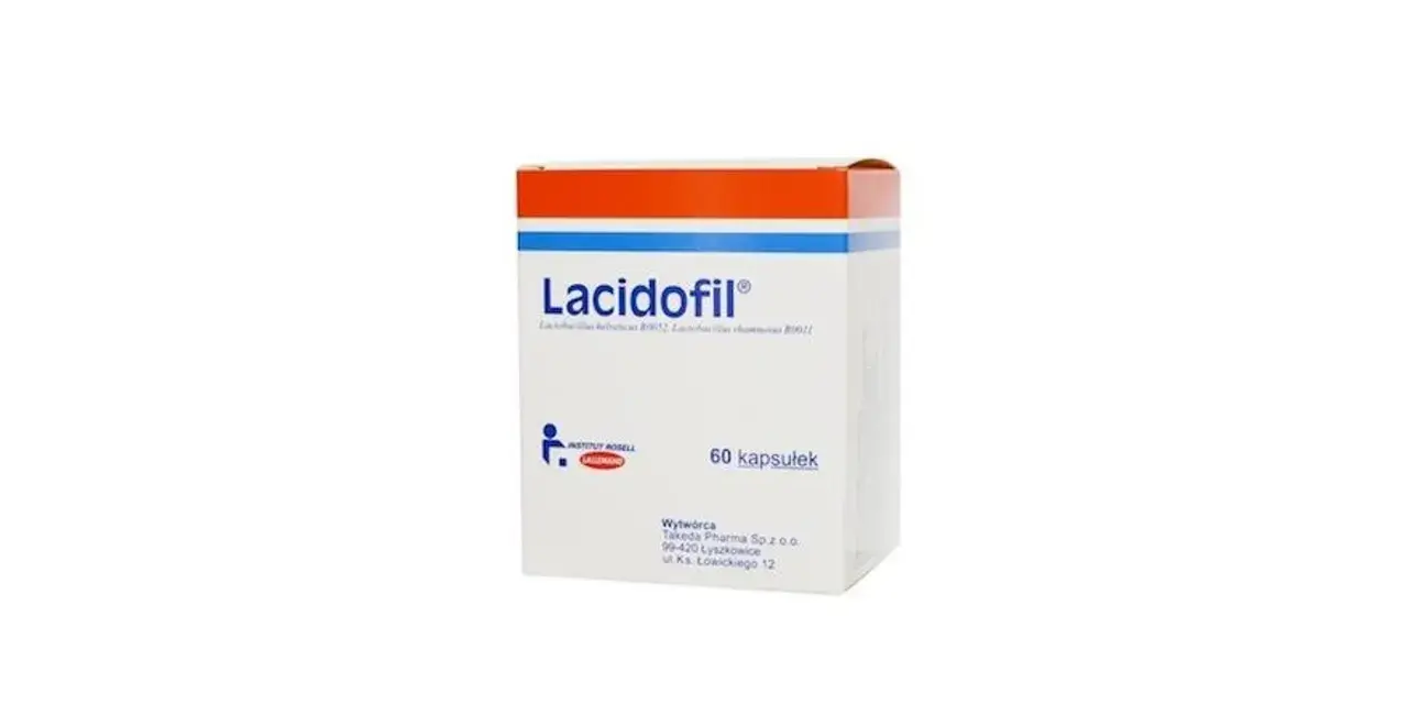 Opakowanie leku Lacidofil z napisem "60 kapsułek" na białym tle.